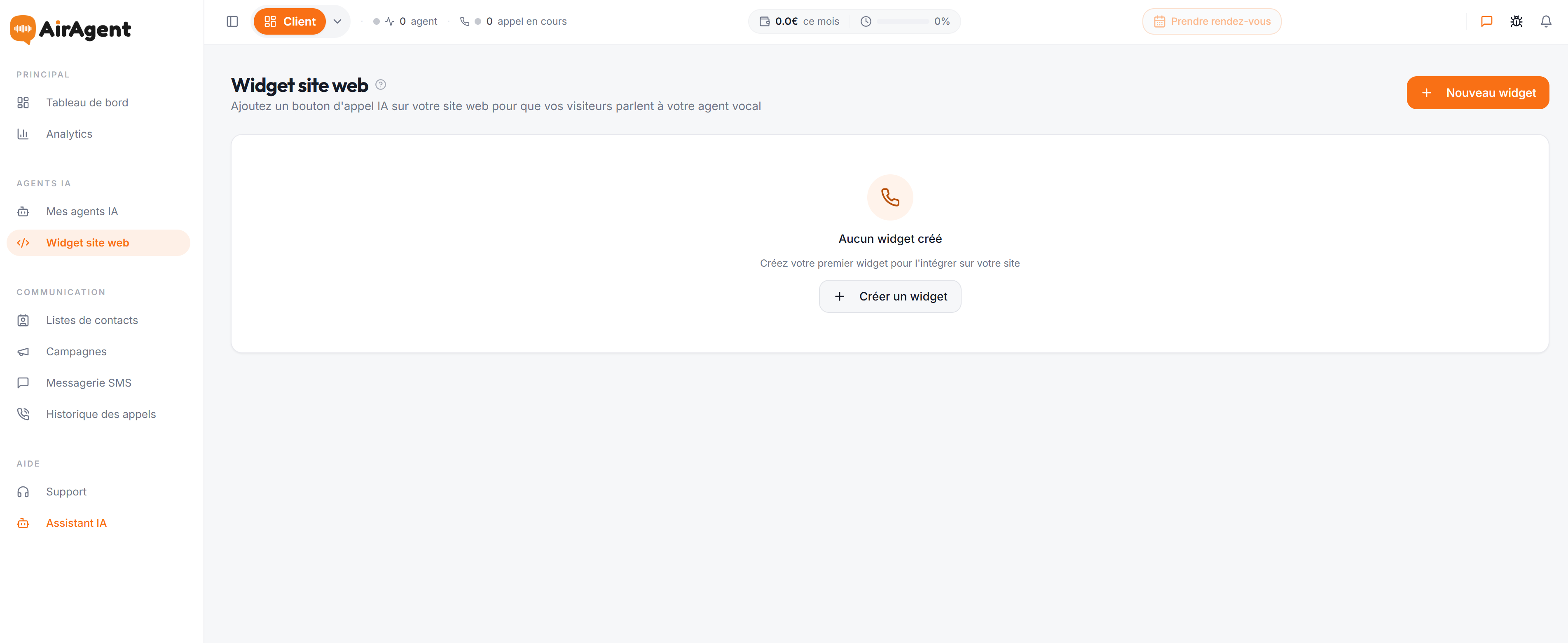 Écran Widget site web d'AirAgent invitant à créer un widget d'appel IA à intégrer sur un site