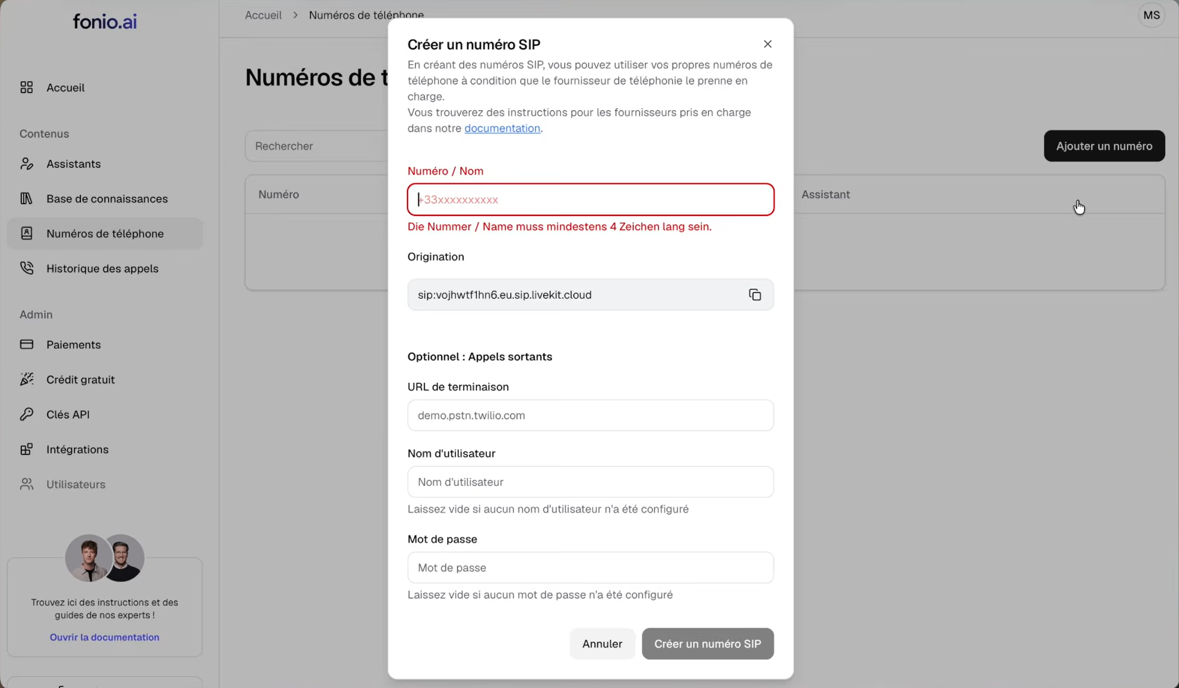 Fenêtre de création d'un numéro SIP dans Fonio, avec une adresse d'origination et un message d'erreur en allemand