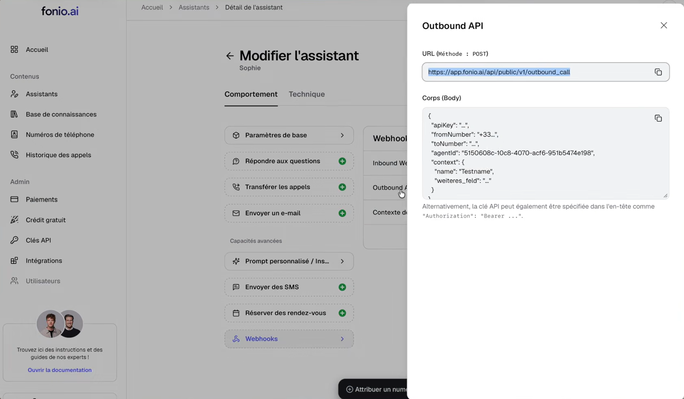 Panneau Outbound API de Fonio montrant l'URL d'appel sortant et le corps de requête JSON