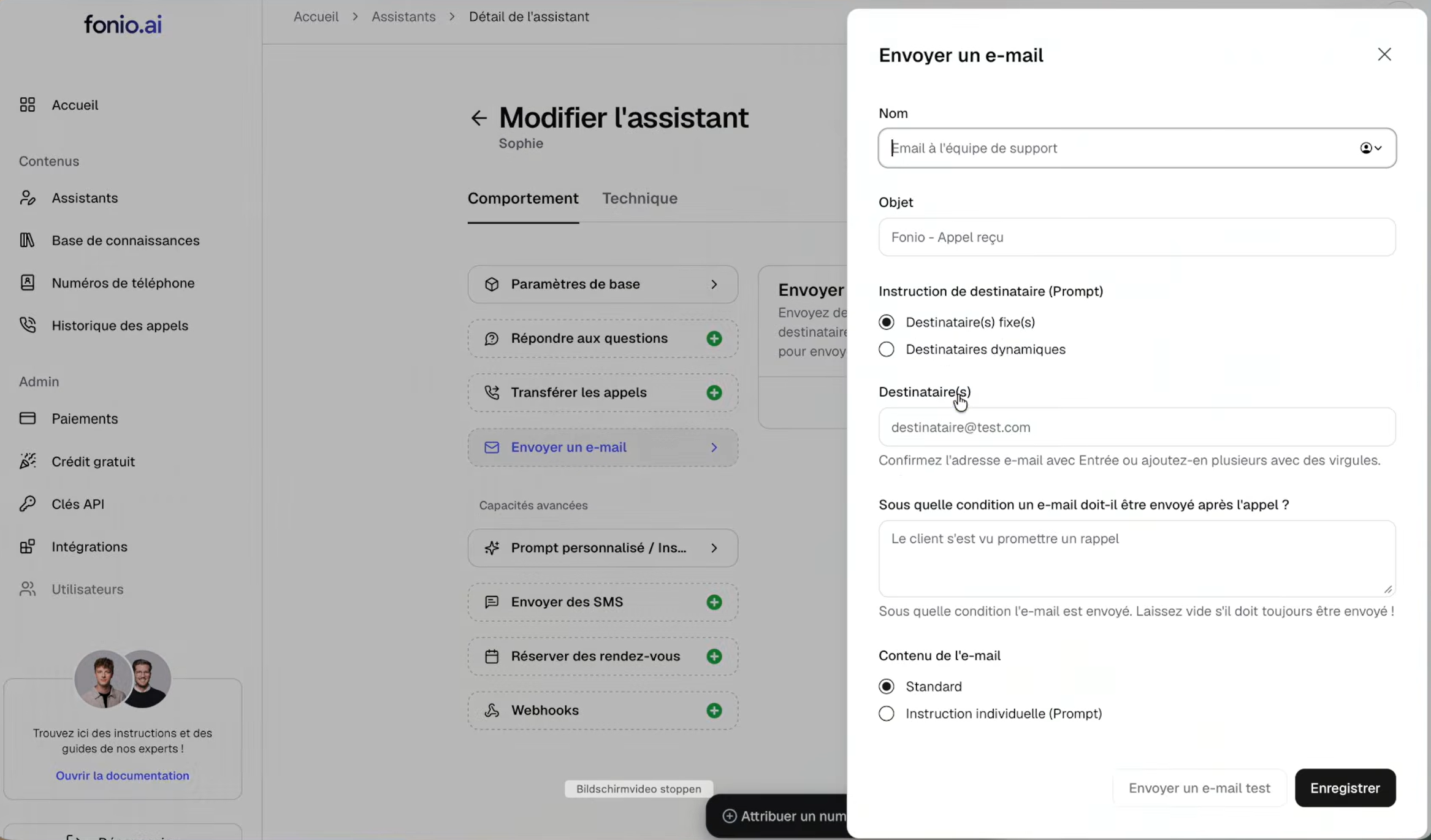 Configuration de l'envoi d'e-mail après un appel dans Fonio : objet, destinataires fixes ou dynamiques, condition d'envoi