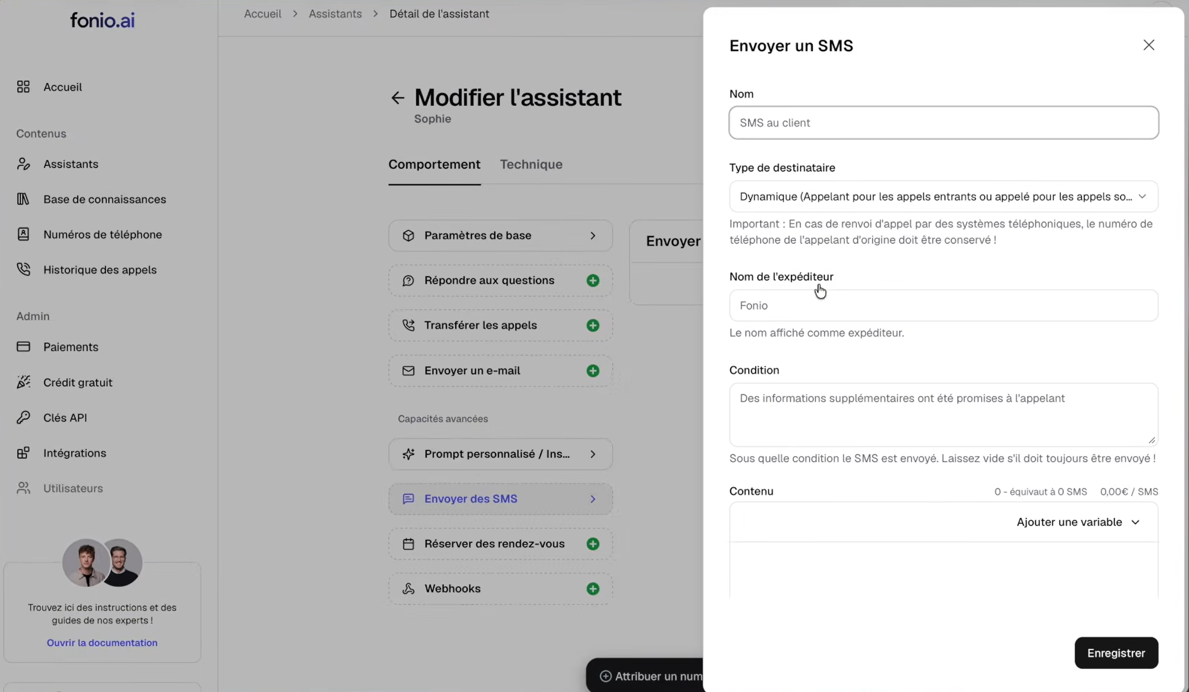 Configuration de l'envoi de SMS dans Fonio : type de destinataire, nom de l'expéditeur, condition d'envoi et coût par SMS