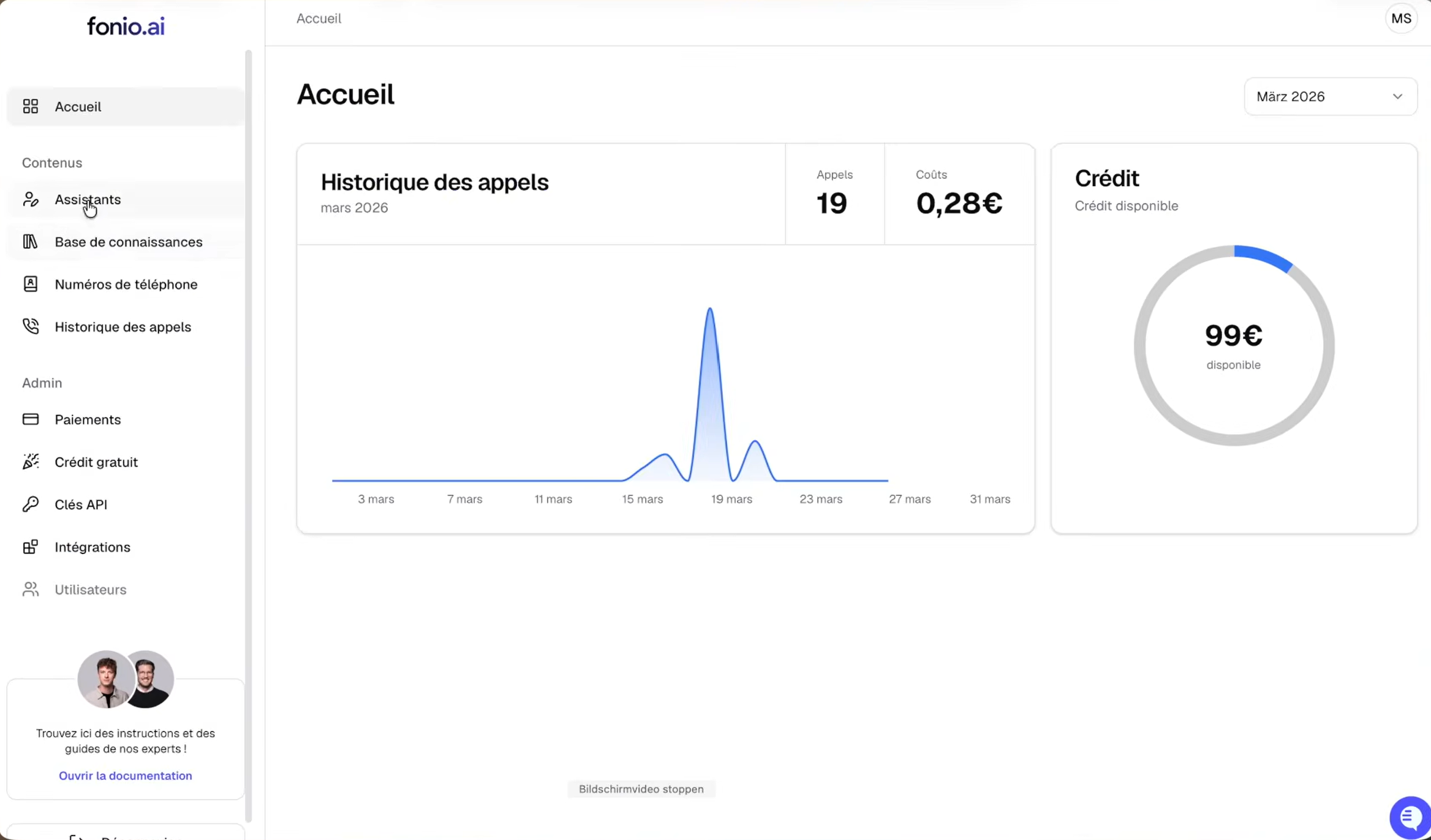 Tableau de bord Fonio avec courbe d'appels, coût du mois et crédit prépayé disponible