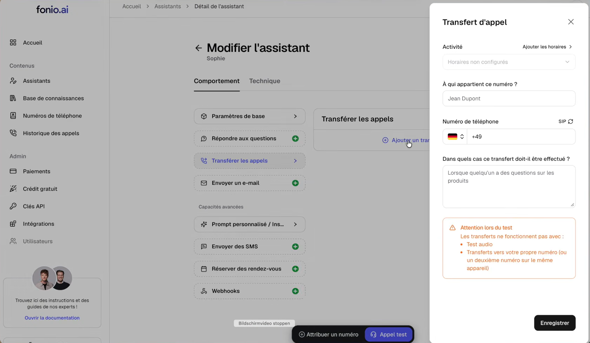 Panneau de configuration du transfert d'appel Fonio : propriétaire du numéro, numéro de téléphone, condition de déclenchement en texte libre et avertissement sur les tests